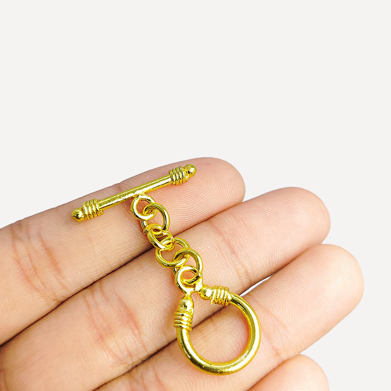 Handmade 18K gold overlay toggle clasp with polished decorative loop and elongated bar, crafted in India for bracelets and necklaces