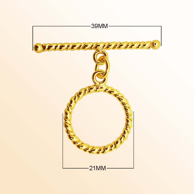 Handmade 18K gold overlay toggle clasp with polished twisted rope ring and bar, crafted in India for bracelets and necklaces