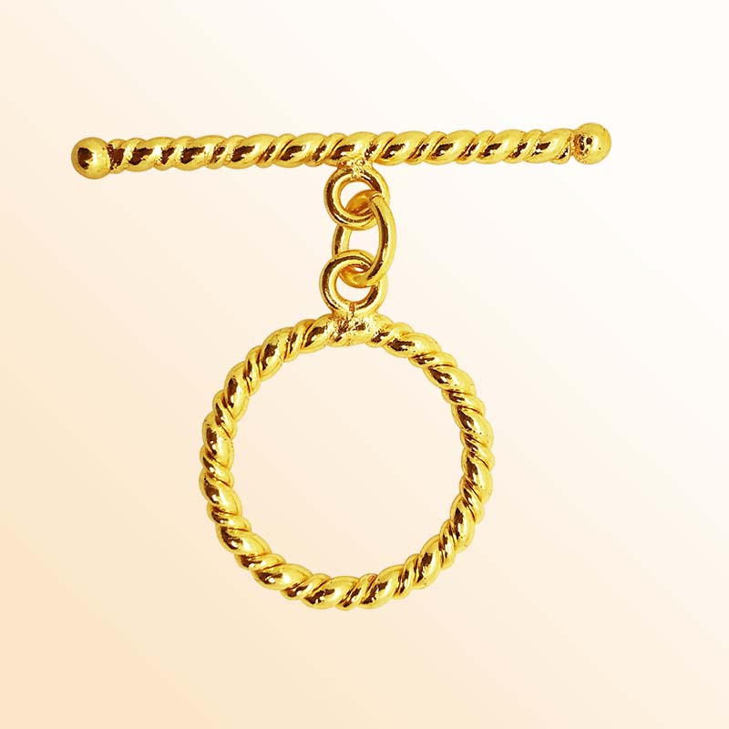 Handmade 18K gold overlay toggle clasp with polished twisted rope ring and bar, crafted in India for bracelets and necklaces