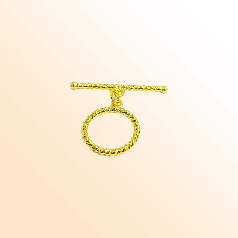 Handmade 18K gold overlay toggle clasp with polished twisted rope ring and bar, crafted in India for bracelets and necklaces
