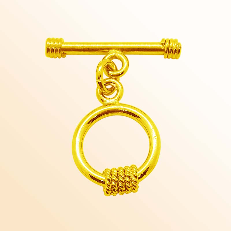 Handmade 18K gold overlay toggle clasp with polished round ring and rope wrap detail, crafted in India for bracelets and necklaces