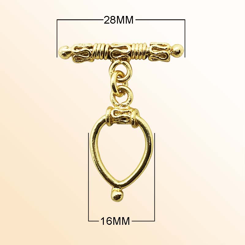 Handmade 18K gold overlay toggle clasp with ornate decorative bar and teardrop loop, crafted in India for bracelets and necklaces