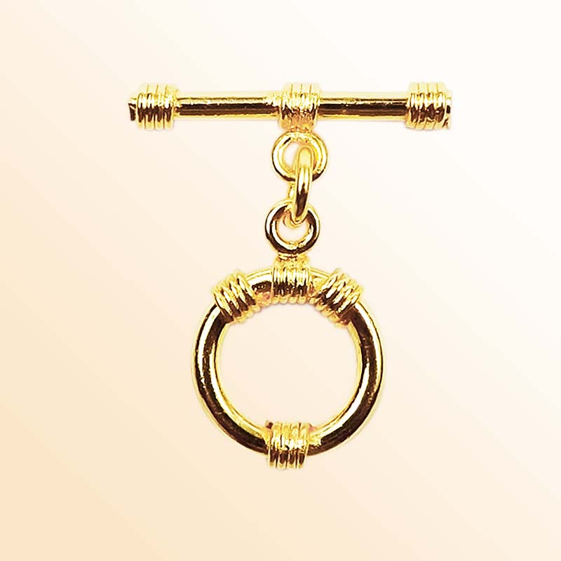Handmade 18K gold overlay toggle clasp with polished circular ring and rope wrap accents, crafted in India for bracelets and necklaces