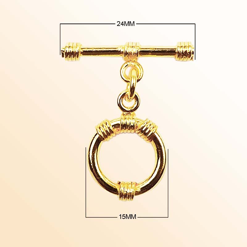 Handmade 18K gold overlay toggle clasp with polished circular ring and rope wrap accents, crafted in India for bracelets and necklaces