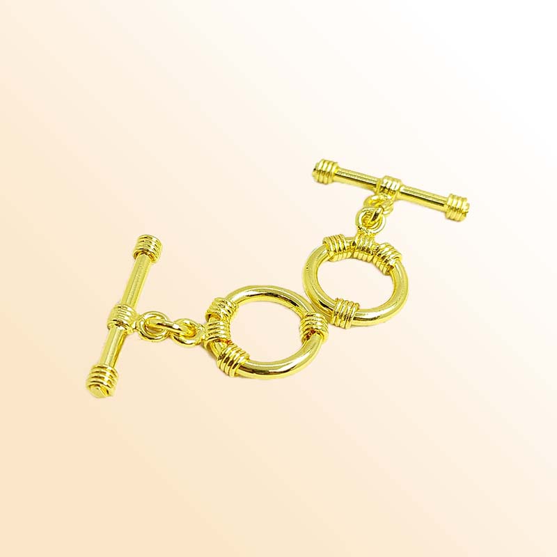 Handmade 18K gold overlay toggle clasp with polished circular ring and rope wrap accents, crafted in India for bracelets and necklaces