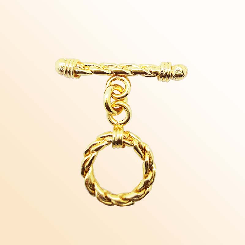 Handmade 18K gold overlay toggle clasp with polished braided rope ring and twisted bar, crafted in India for bracelets and necklaces