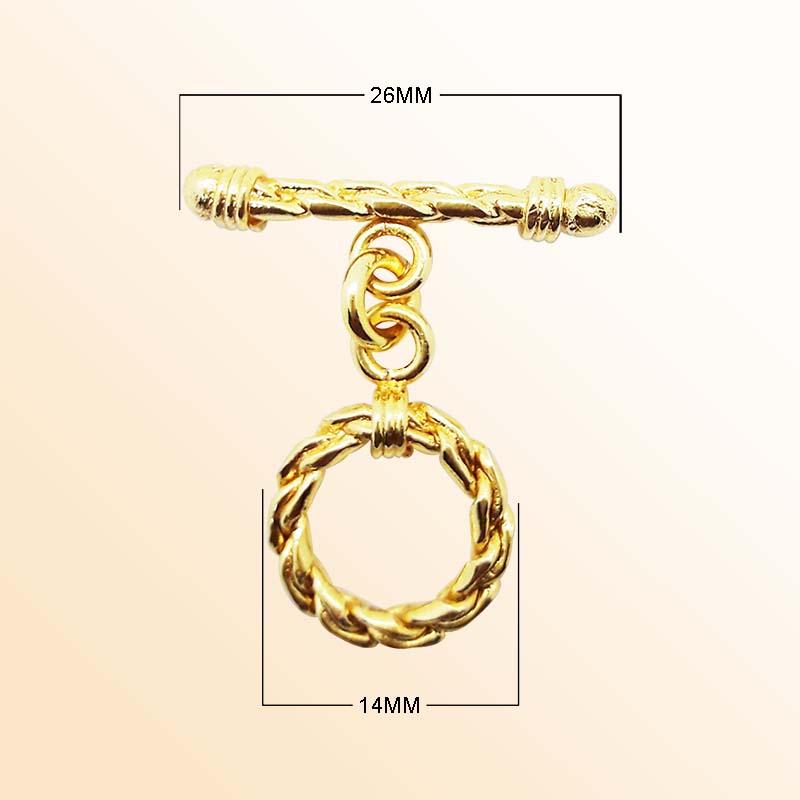 Handmade 18K gold overlay toggle clasp with polished braided rope ring and twisted bar, crafted in India for bracelets and necklaces
