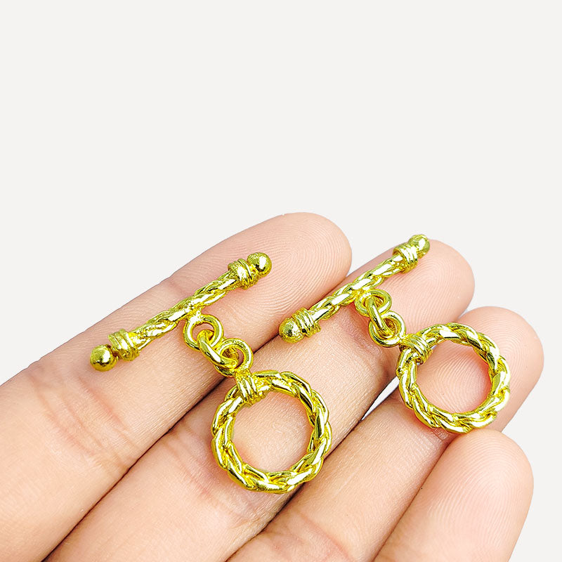 Handmade 18K gold overlay toggle clasp with polished braided rope ring and twisted bar, crafted in India for bracelets and necklaces