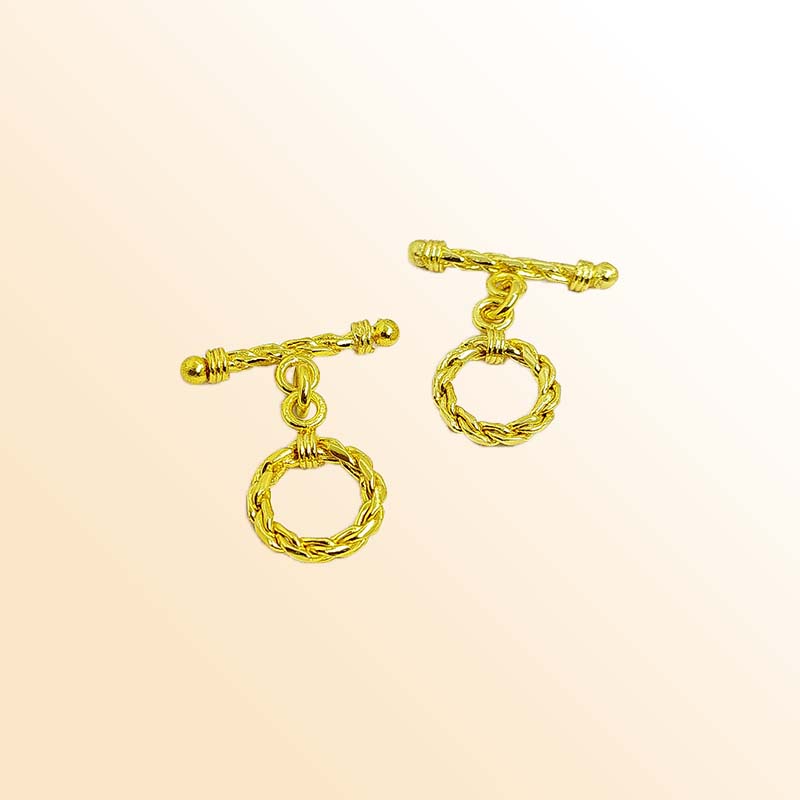 Handmade 18K gold overlay toggle clasp with polished braided rope ring and twisted bar, crafted in India for bracelets and necklaces