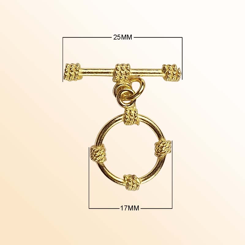 Handmade 18K gold overlay toggle clasp with polished circular ring and rope wrap bar detail, crafted in India for bracelets and necklaces