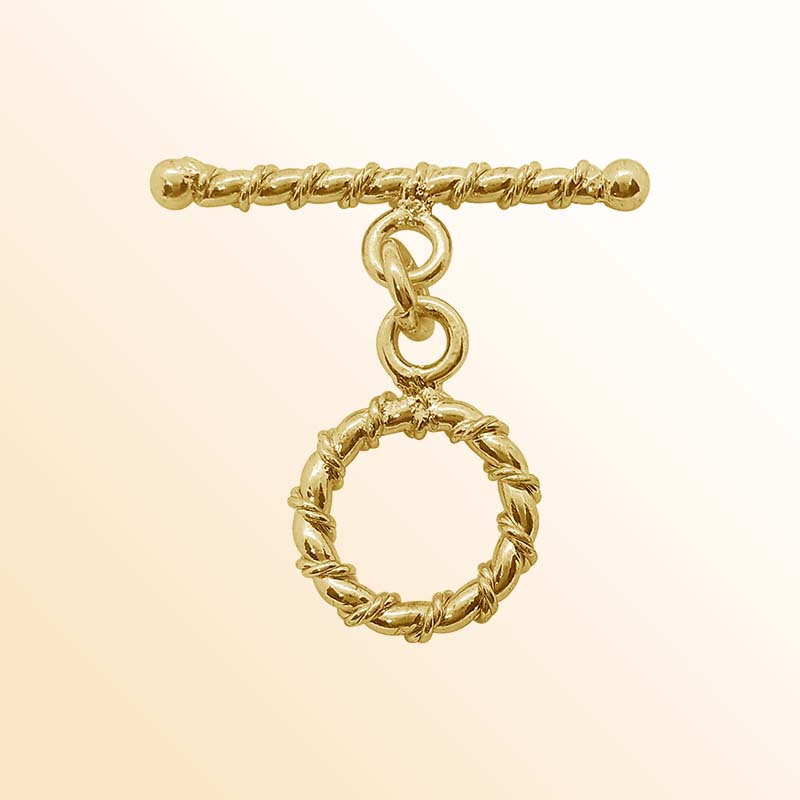 Handmade 18K gold overlay toggle clasp with polished twisted rope ring and bar, crafted in India for bracelets and necklaces