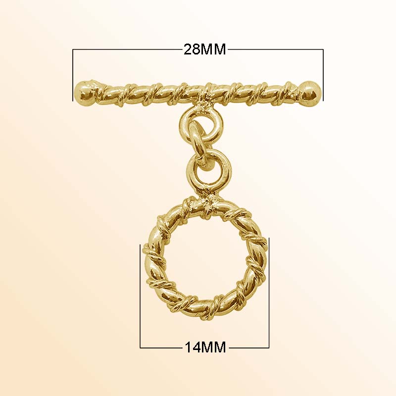 Handmade 18K gold overlay toggle clasp with polished twisted rope ring and bar, crafted in India for bracelets and necklaces
