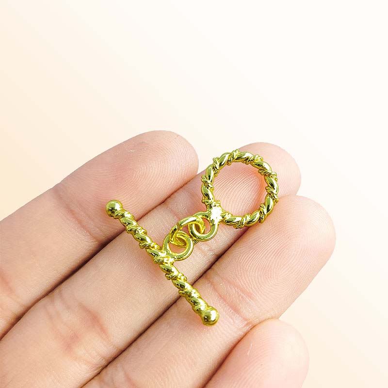 Handmade 18K gold overlay toggle clasp with polished twisted rope ring and bar, crafted in India for bracelets and necklaces