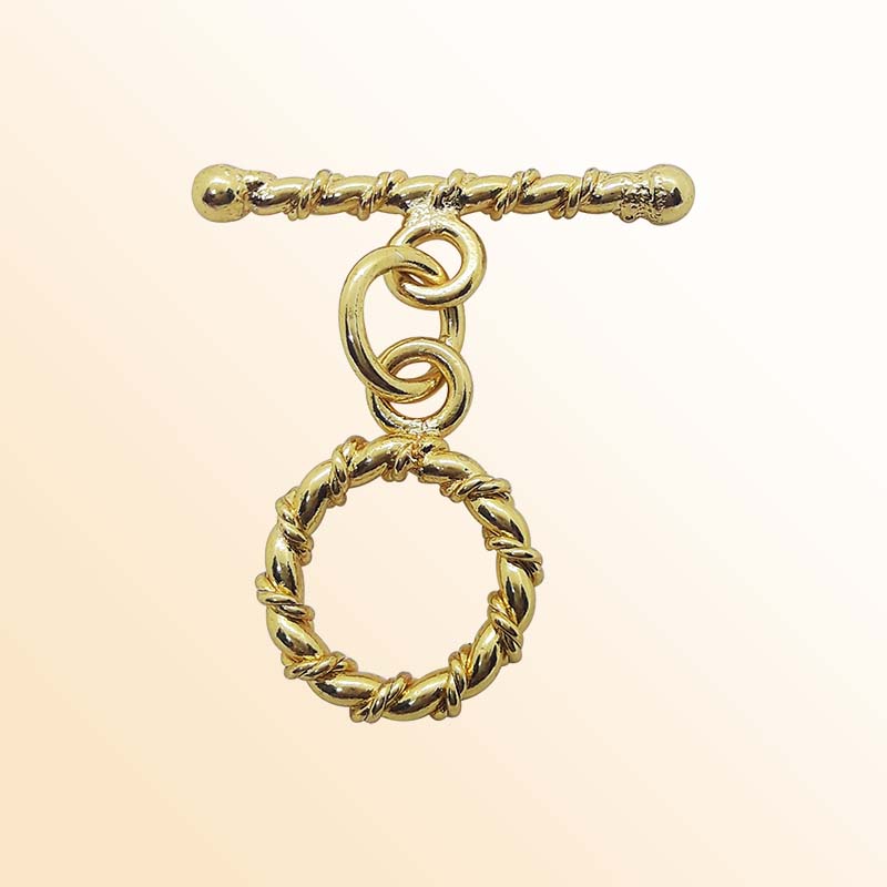 Handmade 18K gold overlay toggle clasp with polished twisted rope ring and bar, crafted in India for bracelets and necklaces