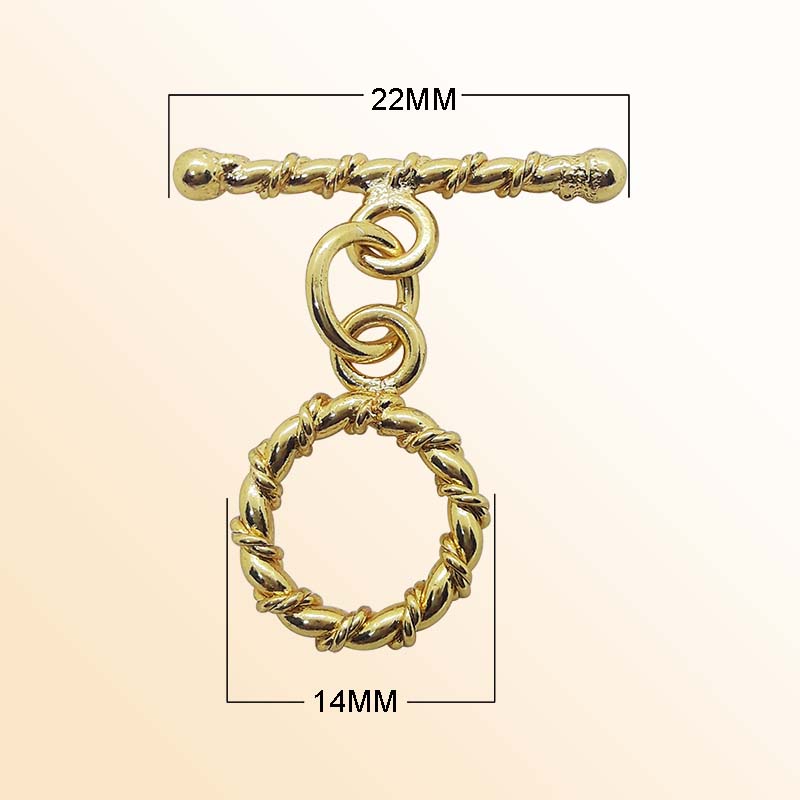 Handmade 18K gold overlay toggle clasp with polished twisted rope ring and bar, crafted in India for bracelets and necklaces