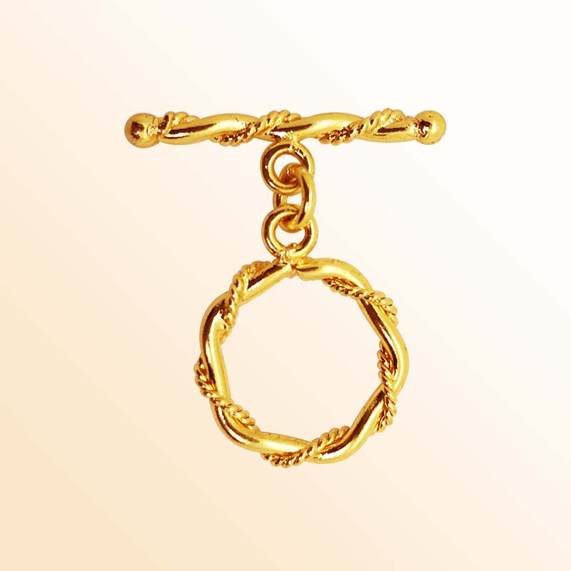 Handmade 18K gold overlay toggle clasp with polished twisted hexagon rope ring and bar, crafted in India for bracelets and necklaces