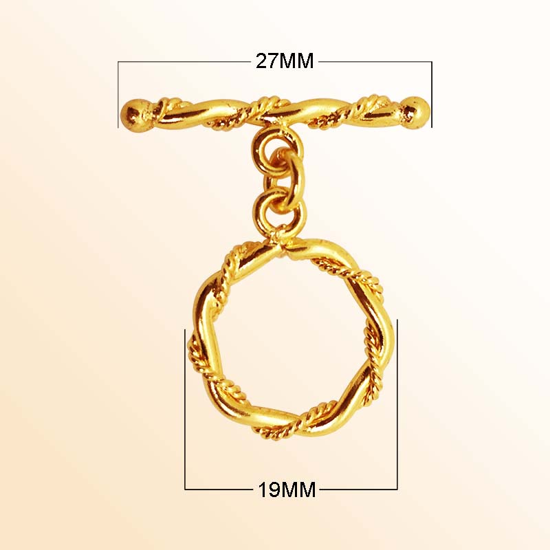 Handmade 18K gold overlay toggle clasp with polished twisted hexagon rope ring and bar, crafted in India for bracelets and necklaces