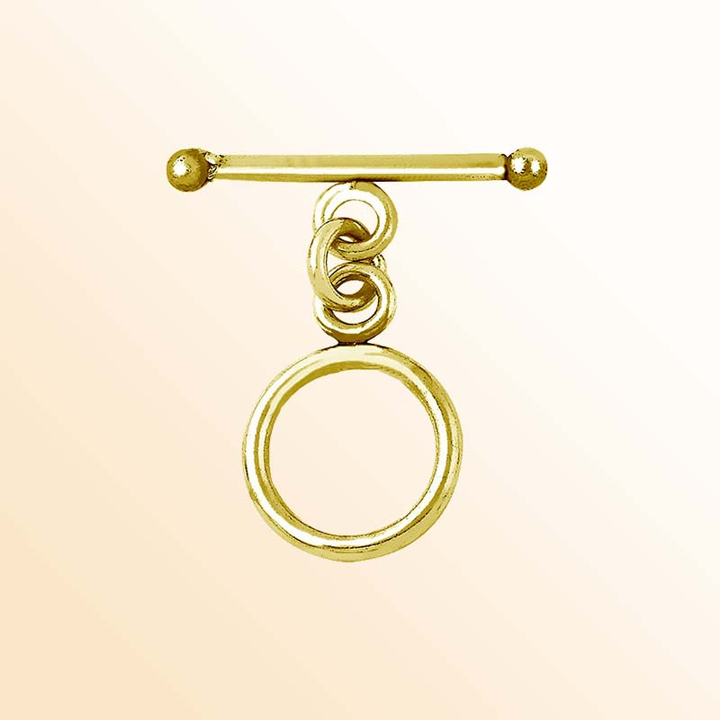 Handmade 18K gold overlay toggle clasp with polished round ring and bar with rounded ball ends, crafted in India for bracelets and necklaces