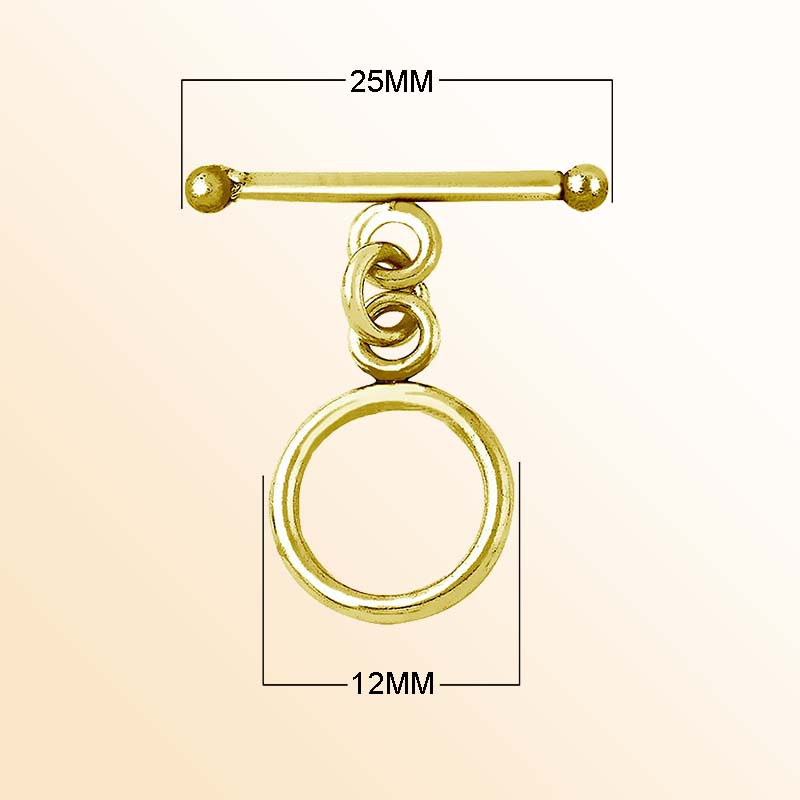Handmade 18K gold overlay toggle clasp with polished round ring and bar with rounded ball ends, crafted in India for bracelets and necklaces