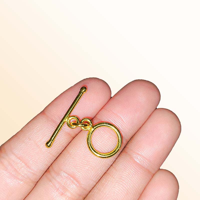 Handmade 18K gold overlay toggle clasp with polished round ring and bar with rounded ball ends, crafted in India for bracelets and necklaces