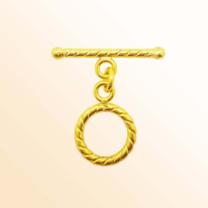 Handmade 18K gold overlay toggle clasp with polished rope-style ring and twisted bar, crafted in India for bracelets and necklaces