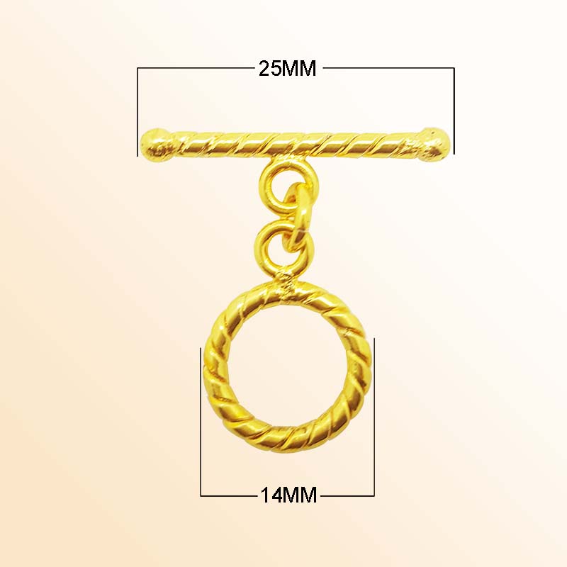 Handmade 18K gold overlay toggle clasp with polished rope-style ring and twisted bar, crafted in India for bracelets and necklaces