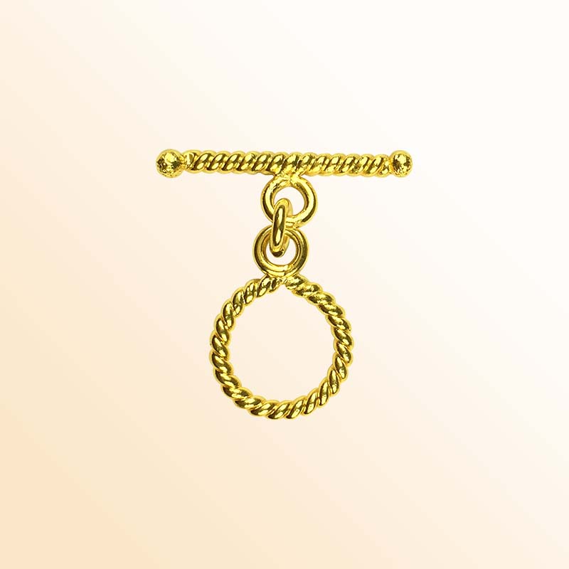 Handmade 18K gold overlay toggle clasp with polished rope-style ring and twisted bar, crafted in India for bracelets and necklaces