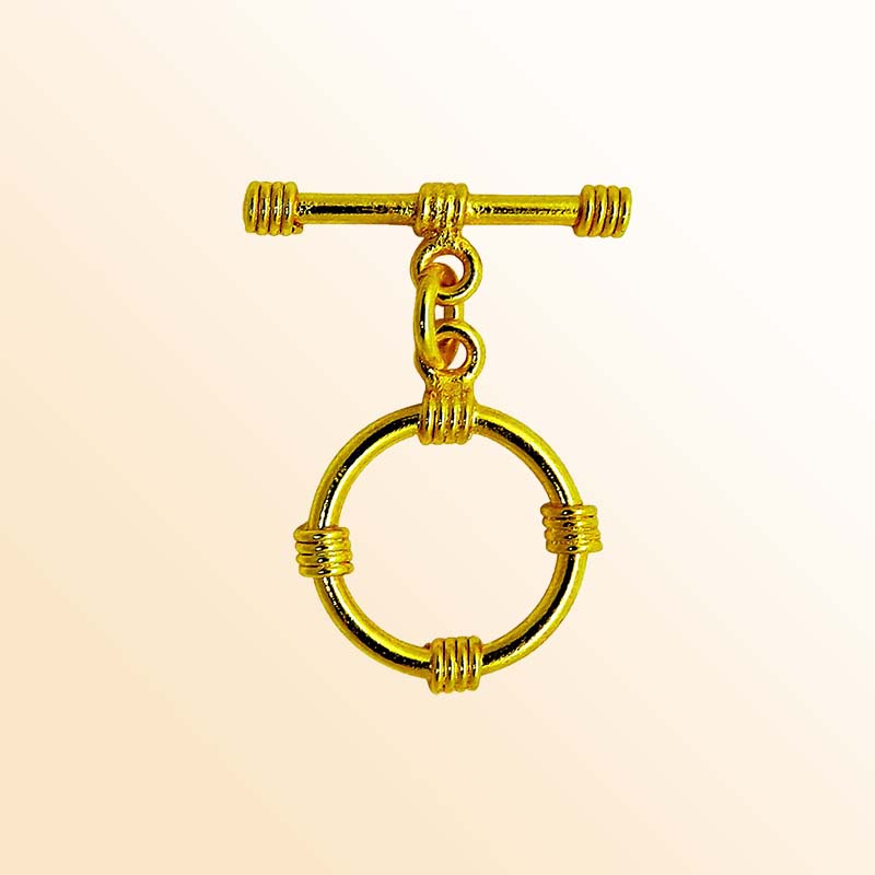 Handmade 18K gold overlay toggle clasp with polished four-band ring and bar, crafted in India for bracelets and necklaces