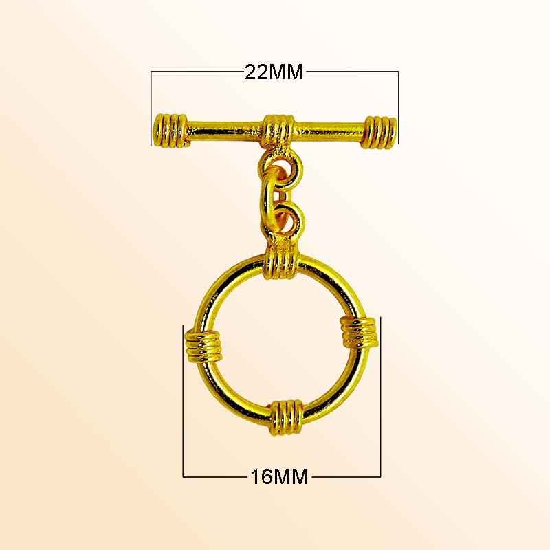 Handmade 18K gold overlay toggle clasp with polished four-band ring and bar, crafted in India for bracelets and necklaces
