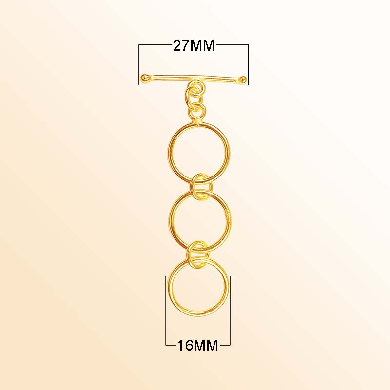 Elegant 18K gold overlay toggle clasp with interlinked rings and bar closure, handcrafted in India, perfect for bracelets and necklaces.