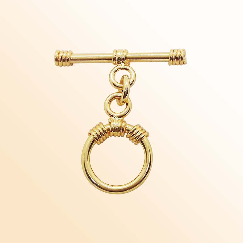Stylish 18K gold overlay wire-wrapped toggle clasp with round ring and bar design, handcrafted in India, perfect for bracelets and necklaces.