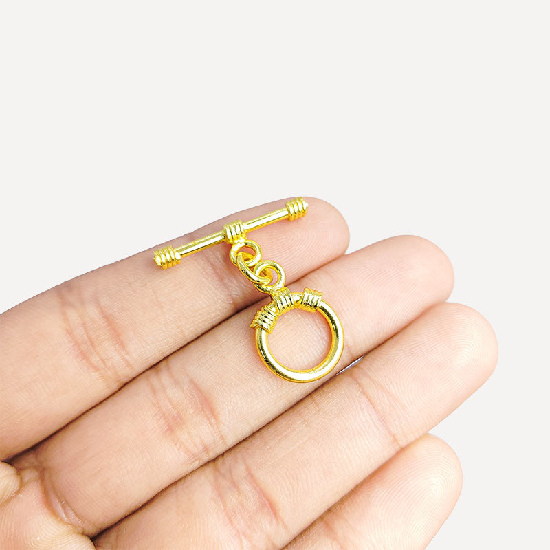 Stylish 18K gold overlay wire-wrapped toggle clasp with round ring and bar design, handcrafted in India, perfect for bracelets and necklaces.