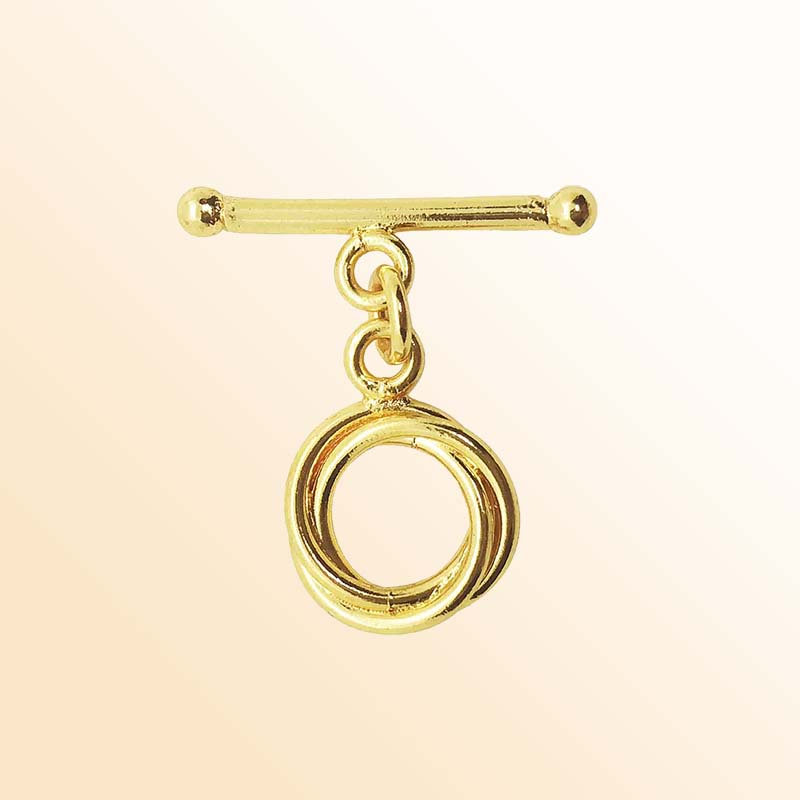 Elegant 18K Gold Overlay Double Ring Toggle Clasp with polished rings and bar, handcrafted in India for retail jewelry use