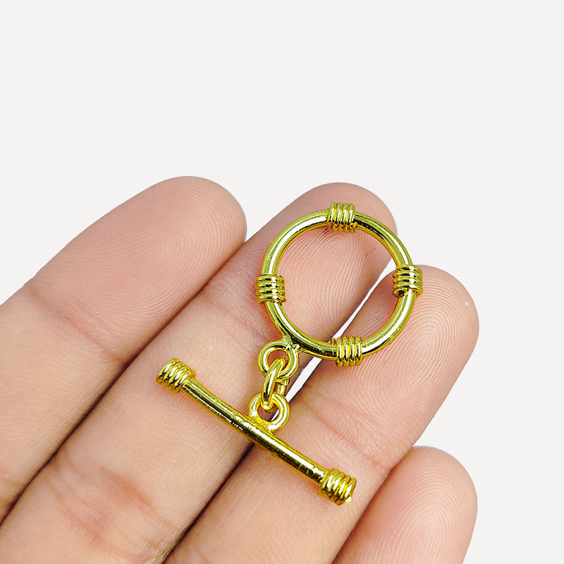 Elegant 18K Gold Overlay Wire-Wrapped Toggle Clasp with polished bar and textured ring, handcrafted in India for retail jewelry use