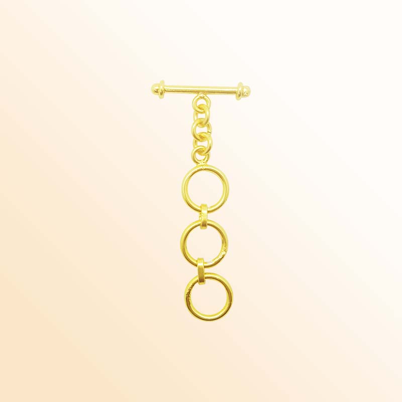 Handmade 18K Gold Overlay Triple Ring Toggle Clasp with polished golden finish for necklaces and bracelets