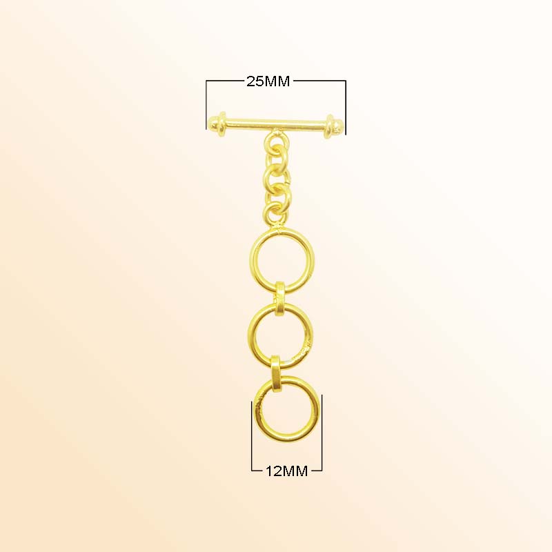 Handmade 18K Gold Overlay Triple Ring Toggle Clasp with polished golden finish for necklaces and bracelets
