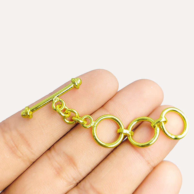 Handmade 18K Gold Overlay Triple Ring Toggle Clasp with polished golden finish for necklaces and bracelets