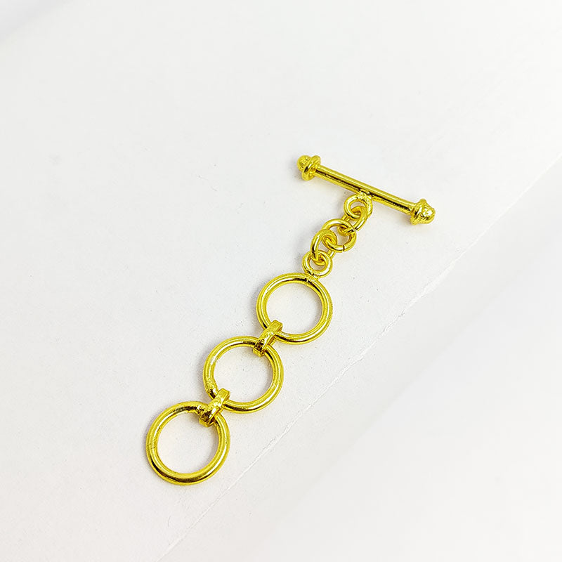 Handmade 18K Gold Overlay Triple Ring Toggle Clasp with polished golden finish for necklaces and bracelets