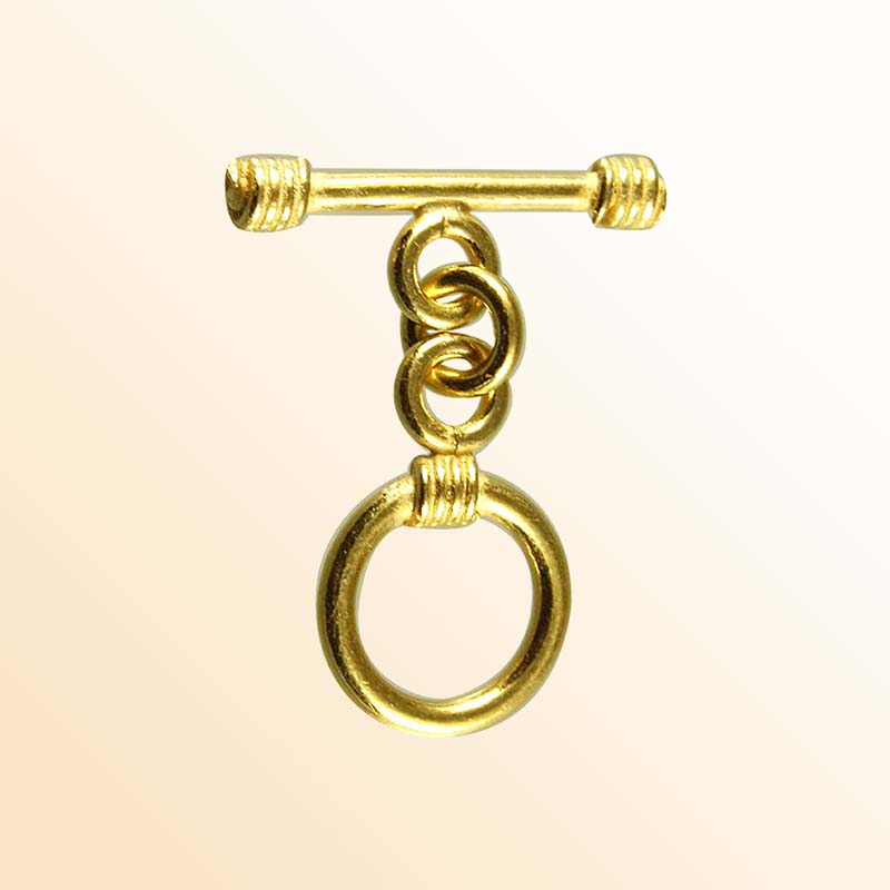 Handmade 18K Gold Overlay Ringed Bar Toggle Clasp with polished golden finish for necklaces and bracelets