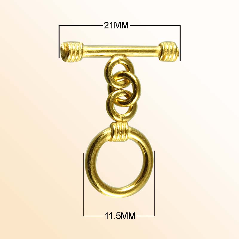 Handmade 18K Gold Overlay Ringed Bar Toggle Clasp with polished golden finish for necklaces and bracelets