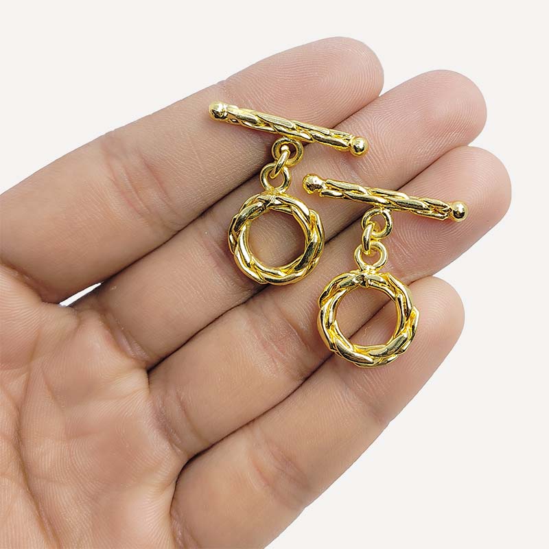 Handmade 18K Gold Overlay Braided Toggle Clasp with polished golden finish for necklaces and bracelets