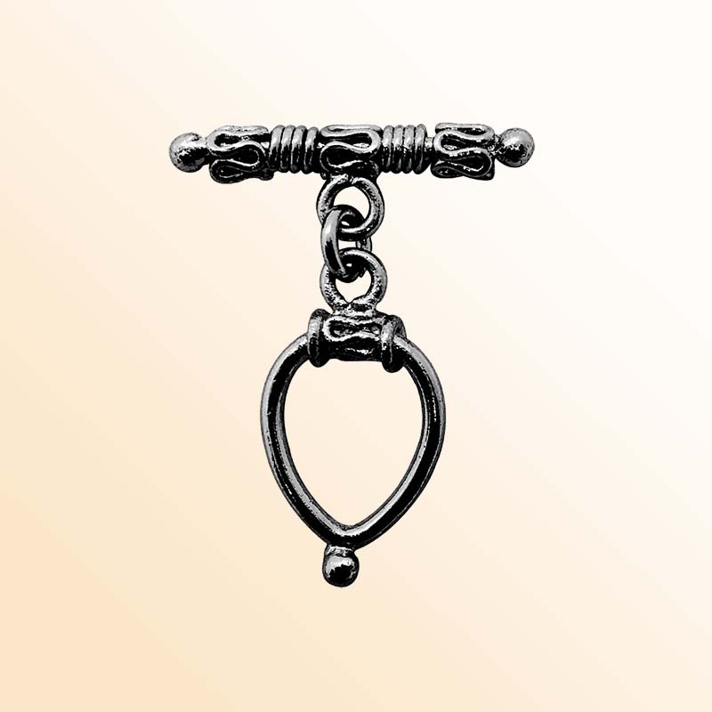 Handcrafted Black Rhodium Overlay toggle clasp from India in teardrop design with decorative bar for stylish jewelry.
