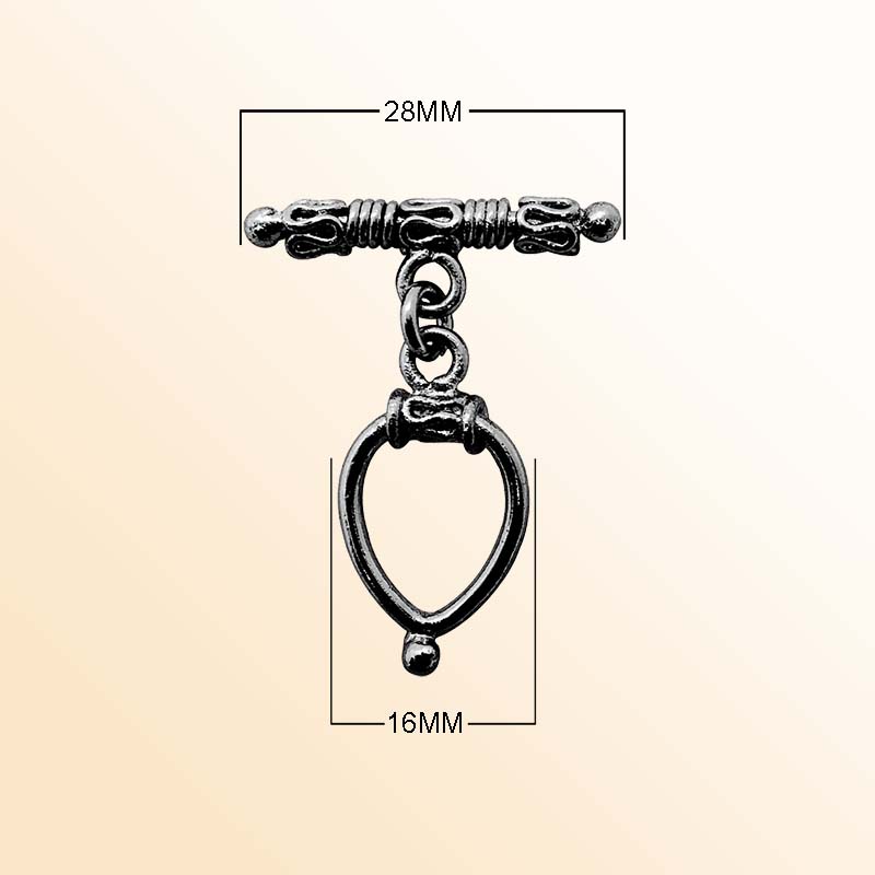 Handcrafted Black Rhodium Overlay toggle clasp from India in teardrop design with decorative bar for stylish jewelry.