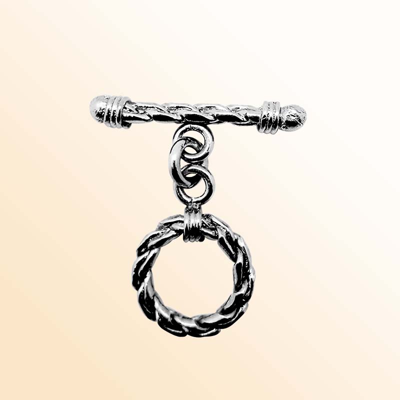 Handcrafted Black Rhodium Overlay toggle clasp from India with braided circular ring and textured bar for jewelry designs.