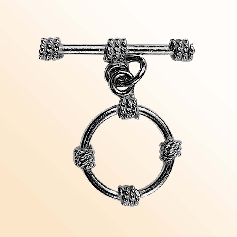 Handcrafted Black Rhodium Overlay toggle clasp from India with textured circular ring design for jewelry closures.