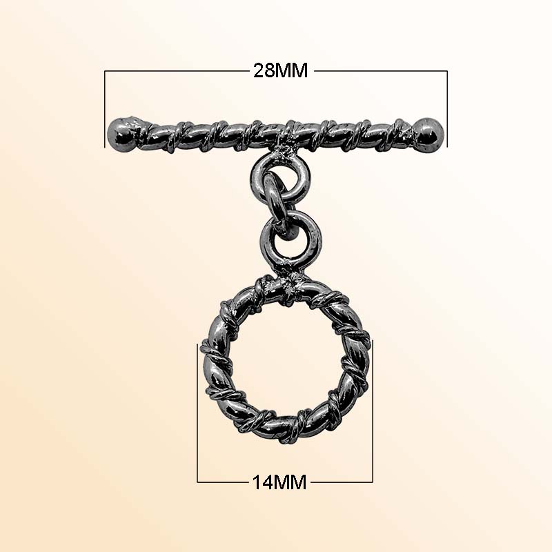Handcrafted Black Rhodium Overlay toggle clasp from India with twisted rope circular ring design for bracelets and necklaces.