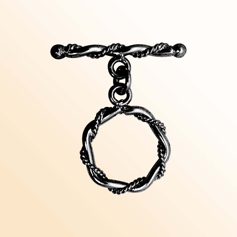 Handcrafted Black Rhodium Overlay toggle clasp from India with interwoven ring and twisted bar design for bracelets and necklaces.