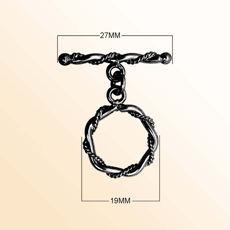 Handcrafted Black Rhodium Overlay toggle clasp from India with interwoven ring and twisted bar design for bracelets and necklaces.