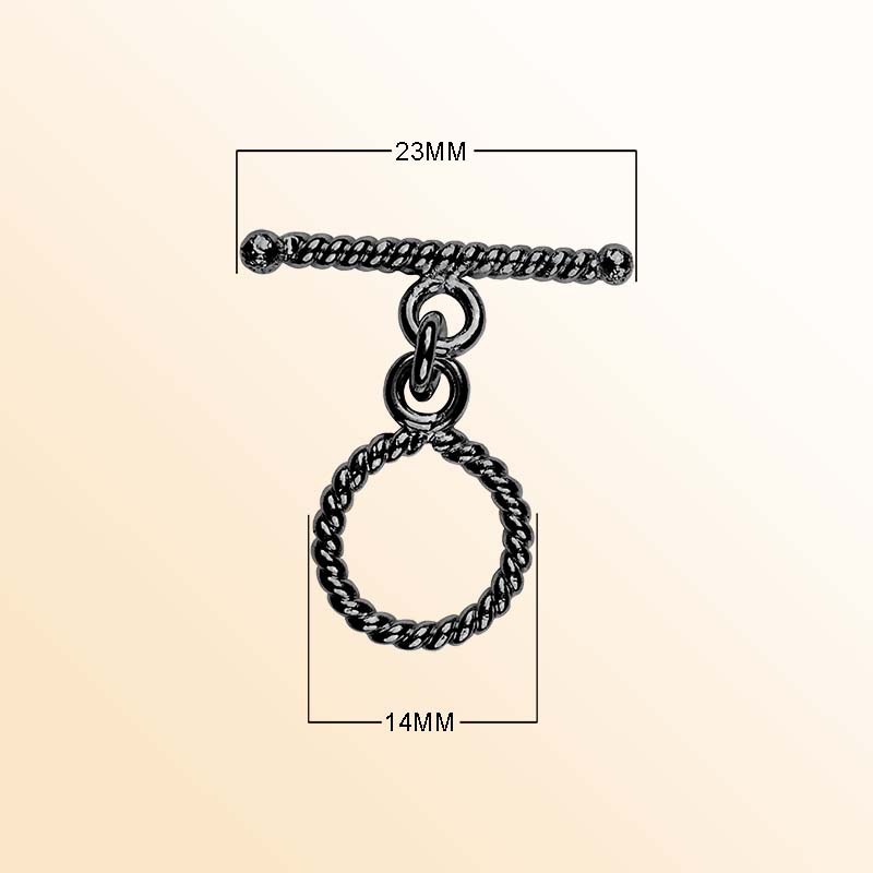Handcrafted Black Rhodium Overlay toggle clasp from India with rope twist circular ring and bar design.