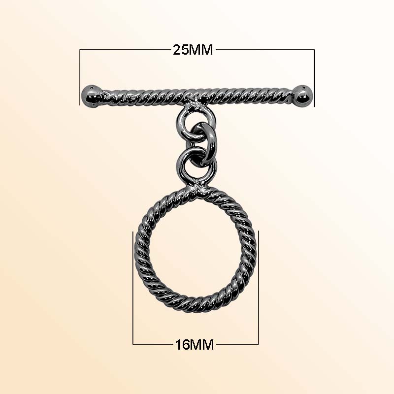 Handcrafted Black Rhodium Overlay toggle clasp from India with rope pattern circular ring and bar design.